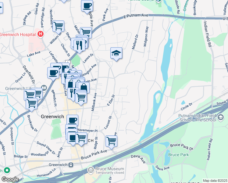 map of restaurants, bars, coffee shops, grocery stores, and more near 47 Connecticut Avenue in Greenwich