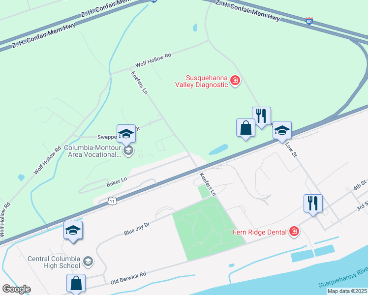 map of restaurants, bars, coffee shops, grocery stores, and more near 6812 Keefers Ln in Bloomsburg