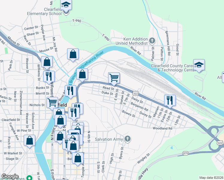 map of restaurants, bars, coffee shops, grocery stores, and more near 562-598 Bigler Ave in Clearfield