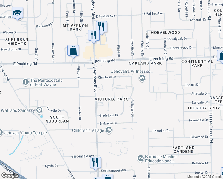 map of restaurants, bars, coffee shops, grocery stores, and more near 5928 Guild Drive in Fort Wayne