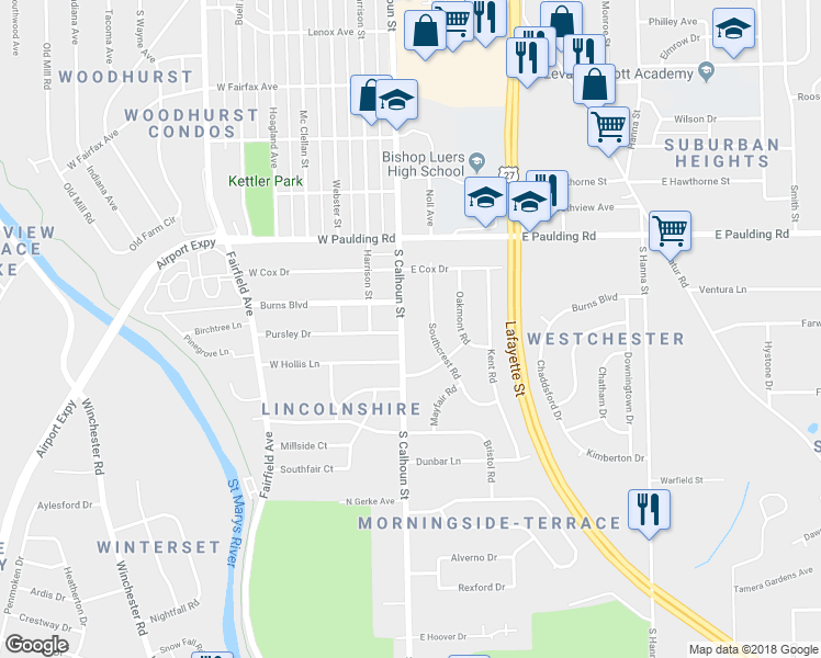 map of restaurants, bars, coffee shops, grocery stores, and more near 6010 Southcrest Road in Fort Wayne