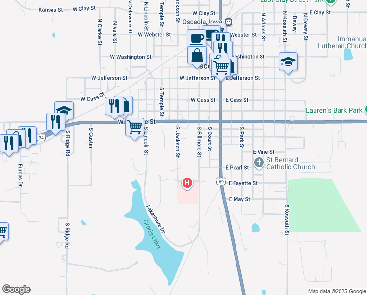 map of restaurants, bars, coffee shops, grocery stores, and more near 503 South Jackson Street in Osceola