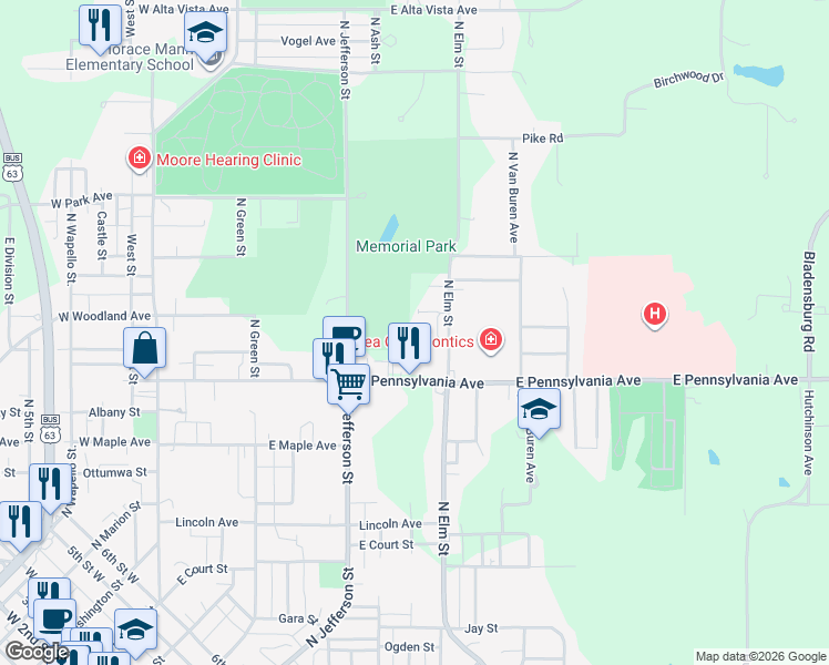 map of restaurants, bars, coffee shops, grocery stores, and more near 1405 North Elm Street in Ottumwa