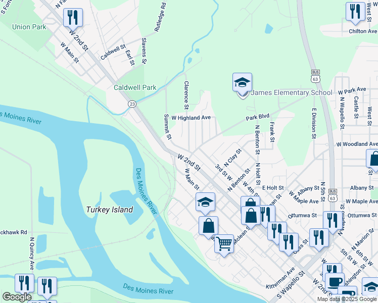 map of restaurants, bars, coffee shops, grocery stores, and more near 301 Clarence Street in Ottumwa