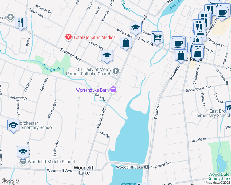 map of restaurants, bars, coffee shops, grocery stores, and more near 29 Pascack Road in Park Ridge