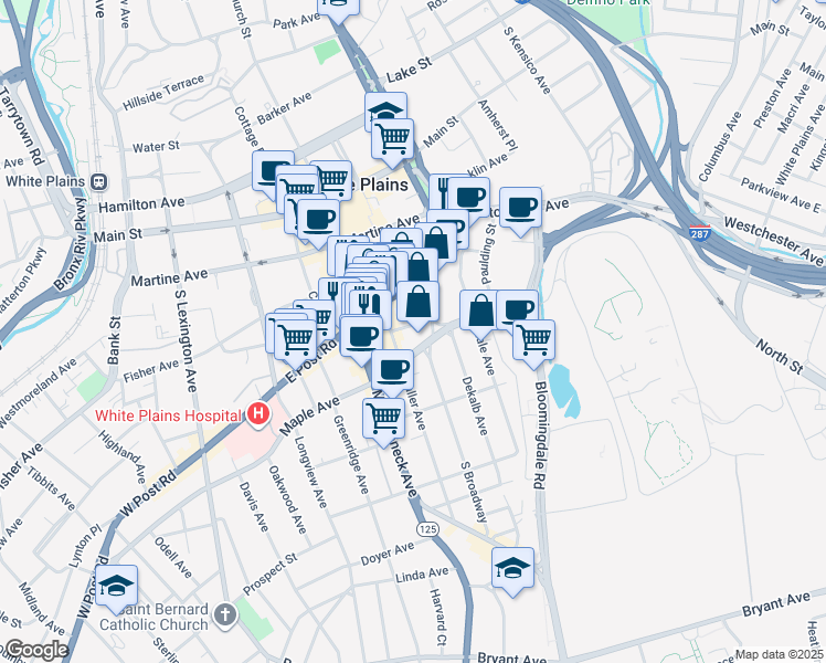 map of restaurants, bars, coffee shops, grocery stores, and more near 95 South Broadway in White Plains