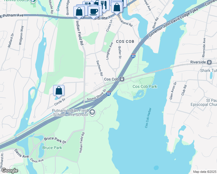 map of restaurants, bars, coffee shops, grocery stores, and more near Sound Shore Drive in Greenwich