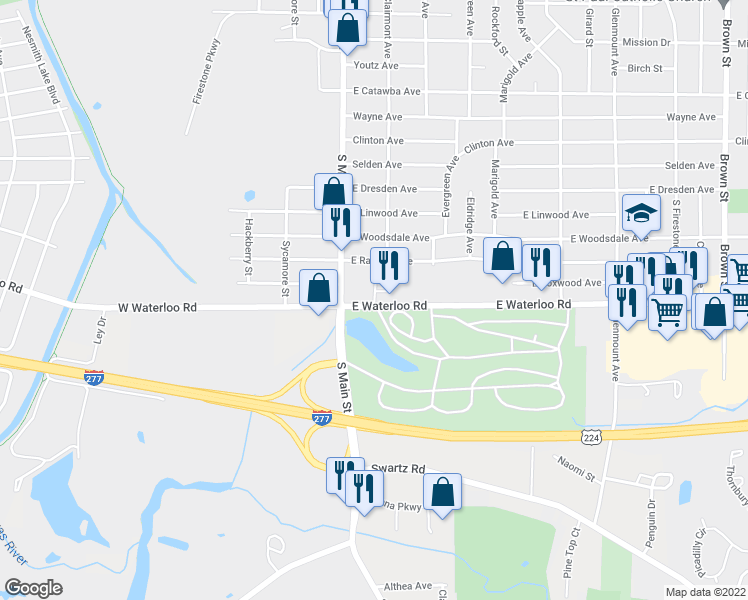 map of restaurants, bars, coffee shops, grocery stores, and more near 2036 Wilmich Drive in Akron