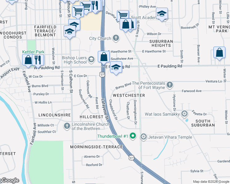 map of restaurants, bars, coffee shops, grocery stores, and more near 6029 Chaddsford Drive in Fort Wayne
