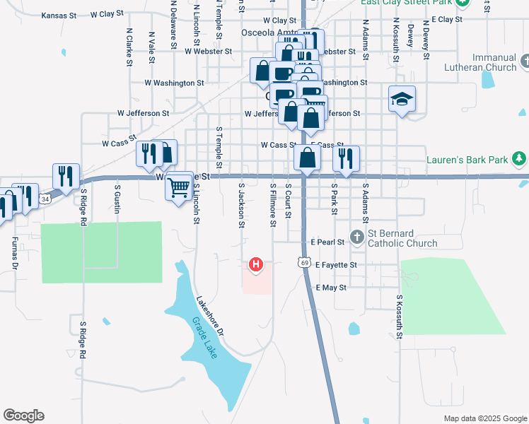 map of restaurants, bars, coffee shops, grocery stores, and more near 500 South Fillmore Street in Osceola