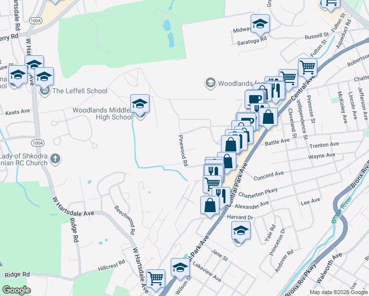map of restaurants, bars, coffee shops, grocery stores, and more near 182 Pinewood Road in Hartsdale