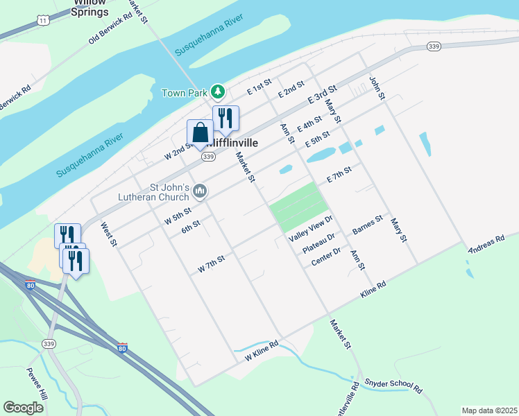 map of restaurants, bars, coffee shops, grocery stores, and more near 605 Market St in Bloomsburg