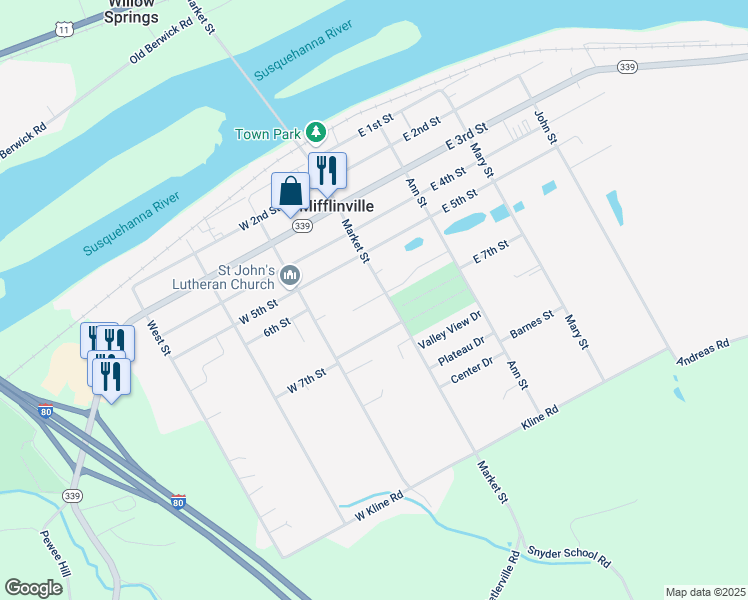 map of restaurants, bars, coffee shops, grocery stores, and more near 605 Market St in Bloomsburg