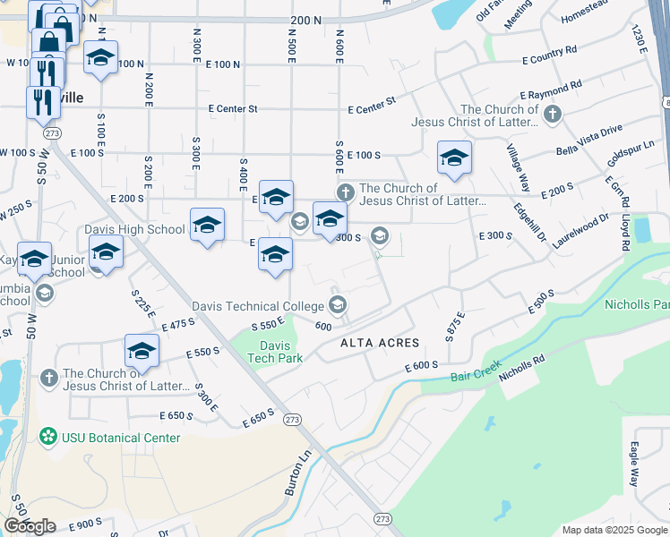 map of restaurants, bars, coffee shops, grocery stores, and more near 550 East 300 South in Kaysville