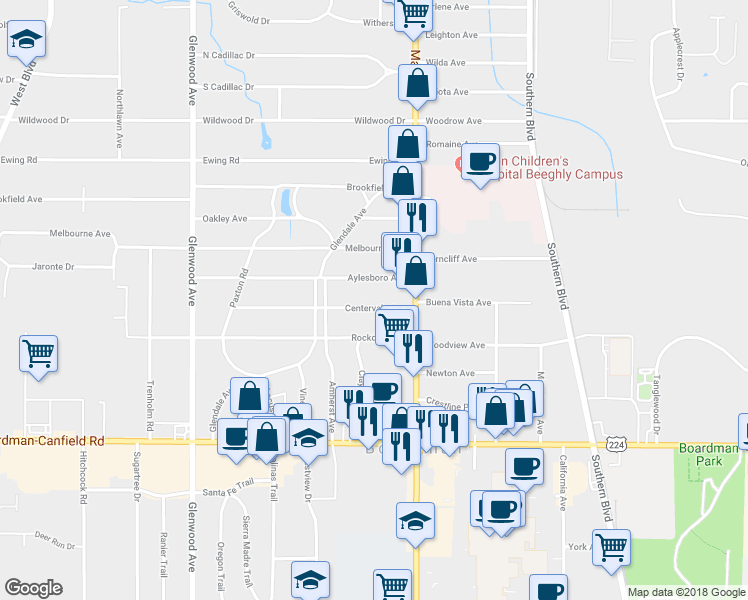 map of restaurants, bars, coffee shops, grocery stores, and more near 44 Centervale Avenue in Youngstown