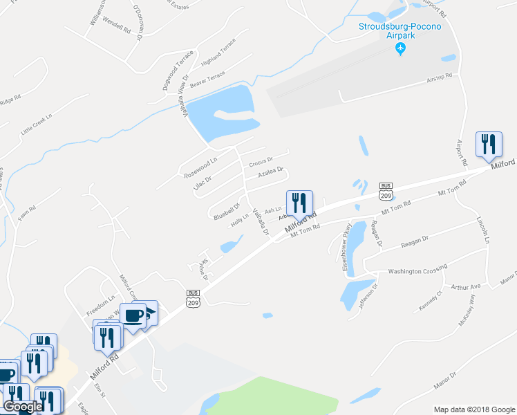 map of restaurants, bars, coffee shops, grocery stores, and more near 105 Ash Lane in East Stroudsburg