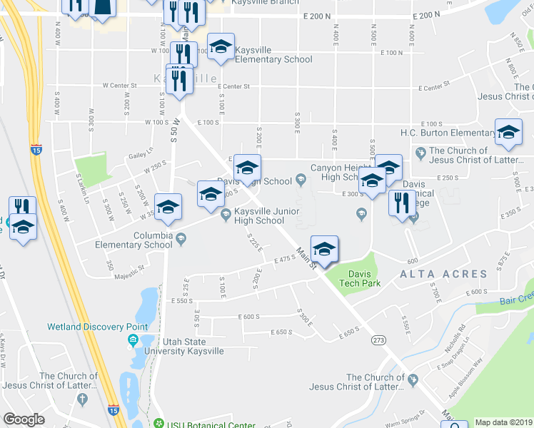 map of restaurants, bars, coffee shops, grocery stores, and more near 389 Main Street in Kaysville