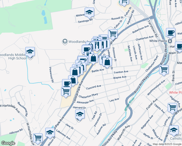 map of restaurants, bars, coffee shops, grocery stores, and more near 312 Battle Avenue in White Plains