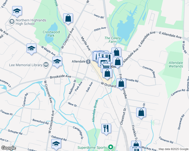 map of restaurants, bars, coffee shops, grocery stores, and more near 215 Orchard Park in Allendale