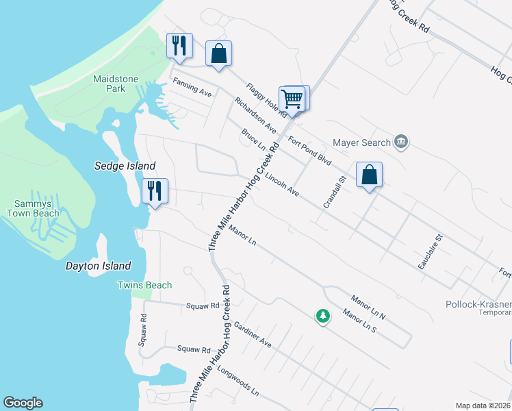 map of restaurants, bars, coffee shops, grocery stores, and more near 457 Three Mile Harbor Hog Creek Road in East Hampton