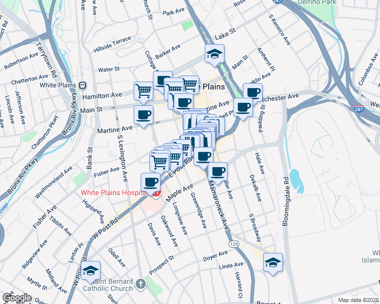 map of restaurants, bars, coffee shops, grocery stores, and more near 161 Mamaroneck Avenue in White Plains