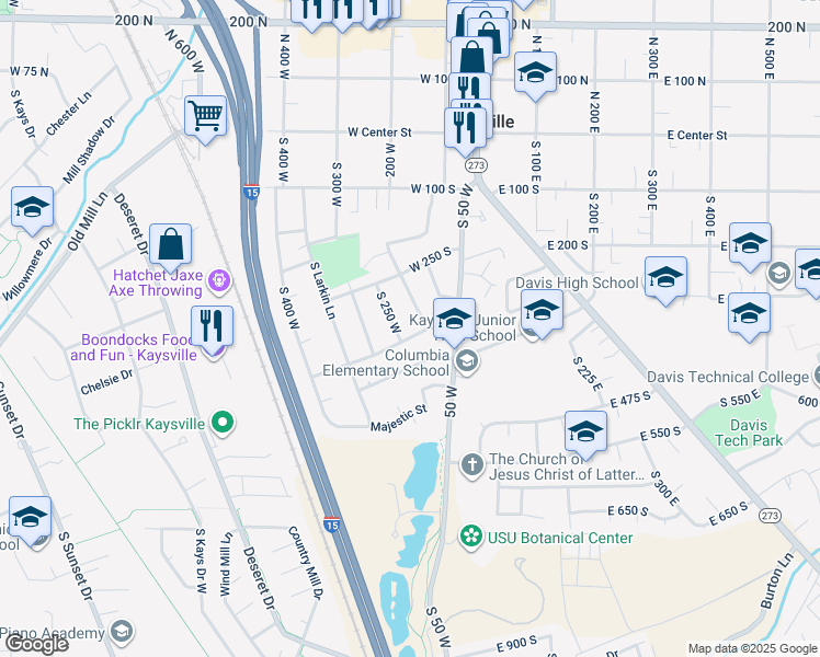 map of restaurants, bars, coffee shops, grocery stores, and more near 303 South 250 West in Kaysville