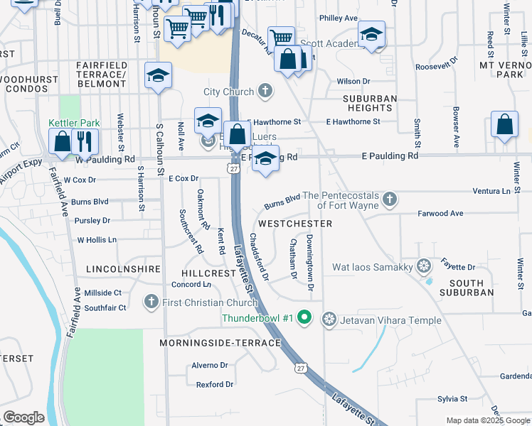 map of restaurants, bars, coffee shops, grocery stores, and more near 6023 Chaddsford Drive in Fort Wayne