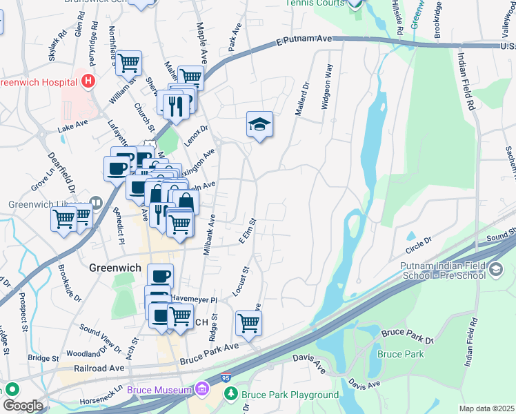map of restaurants, bars, coffee shops, grocery stores, and more near 47 Connecticut Avenue in Greenwich