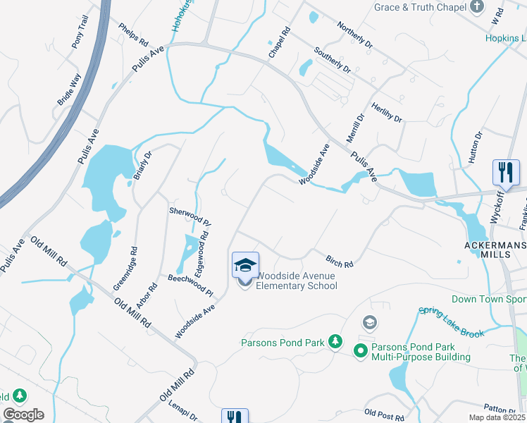map of restaurants, bars, coffee shops, grocery stores, and more near 239 Woodside Avenue in Franklin Lakes