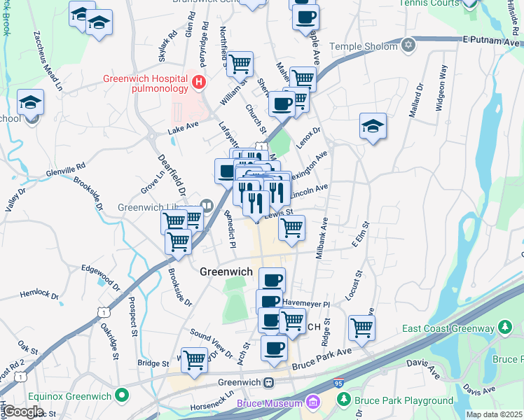 map of restaurants, bars, coffee shops, grocery stores, and more near 99 Greenwich Avenue in Greenwich