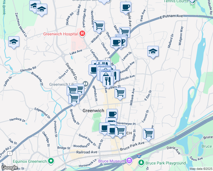 map of restaurants, bars, coffee shops, grocery stores, and more near 99 Greenwich Avenue in Greenwich