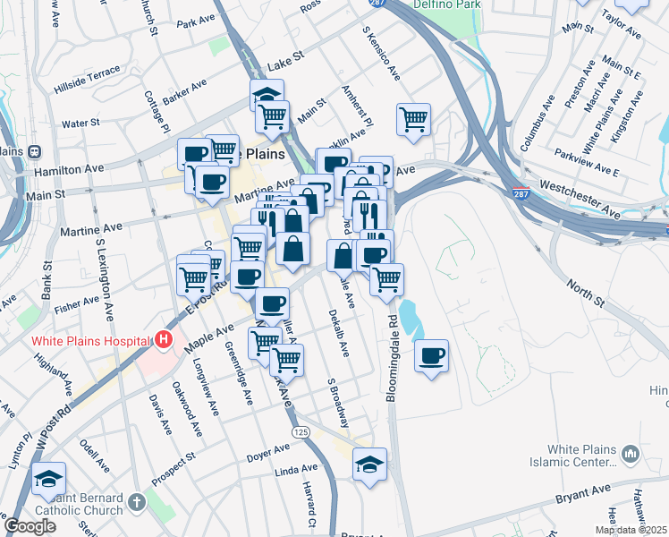 map of restaurants, bars, coffee shops, grocery stores, and more near 97-99 Hale Avenue in White Plains