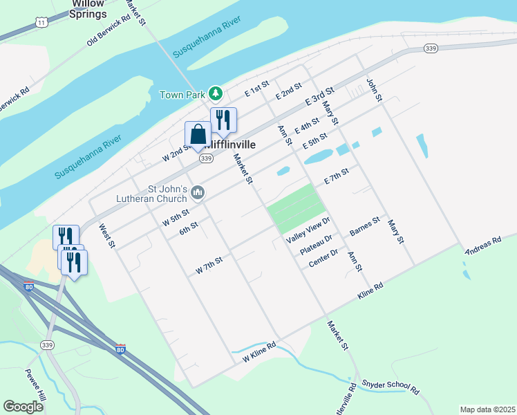 map of restaurants, bars, coffee shops, grocery stores, and more near 605 Market St in Bloomsburg