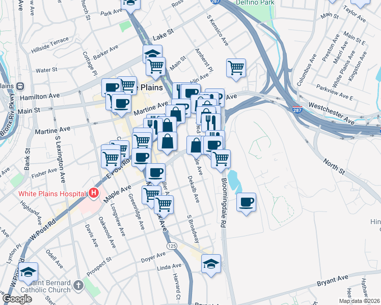 map of restaurants, bars, coffee shops, grocery stores, and more near 97-99 Hale Avenue in White Plains