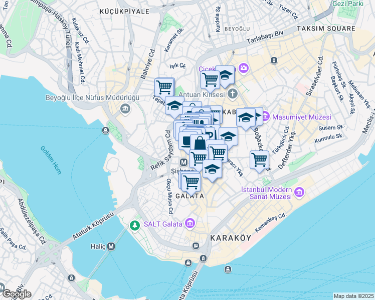 map of restaurants, bars, coffee shops, grocery stores, and more near 14 General Yazgan Sokak in Beyoğlu