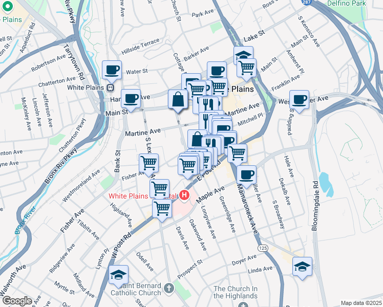 map of restaurants, bars, coffee shops, grocery stores, and more near 140 Grand Street in White Plains