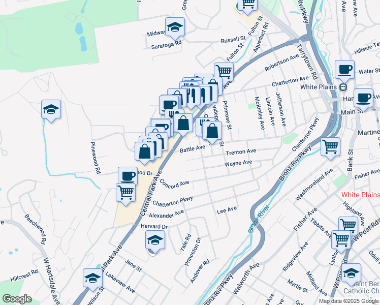 map of restaurants, bars, coffee shops, grocery stores, and more near 285 Battle Avenue in White Plains