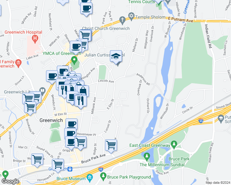 map of restaurants, bars, coffee shops, grocery stores, and more near 156 East Elm Street in Greenwich