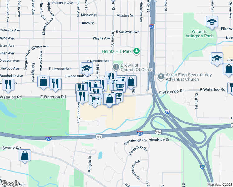 map of restaurants, bars, coffee shops, grocery stores, and more near 1913 Brown Street in Akron