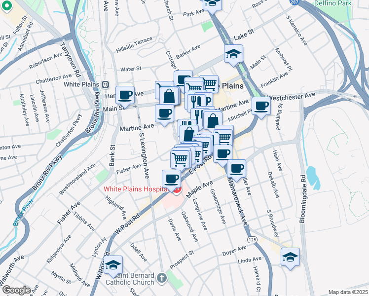 map of restaurants, bars, coffee shops, grocery stores, and more near 140 Grand Street in White Plains