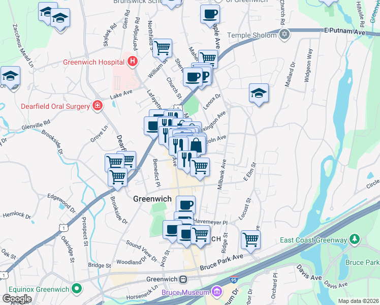map of restaurants, bars, coffee shops, grocery stores, and more near 3 Lincoln Avenue in Greenwich