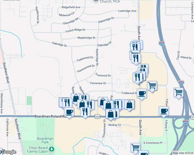 map of restaurants, bars, coffee shops, grocery stores, and more near 827 Trotwood Drive in Youngstown