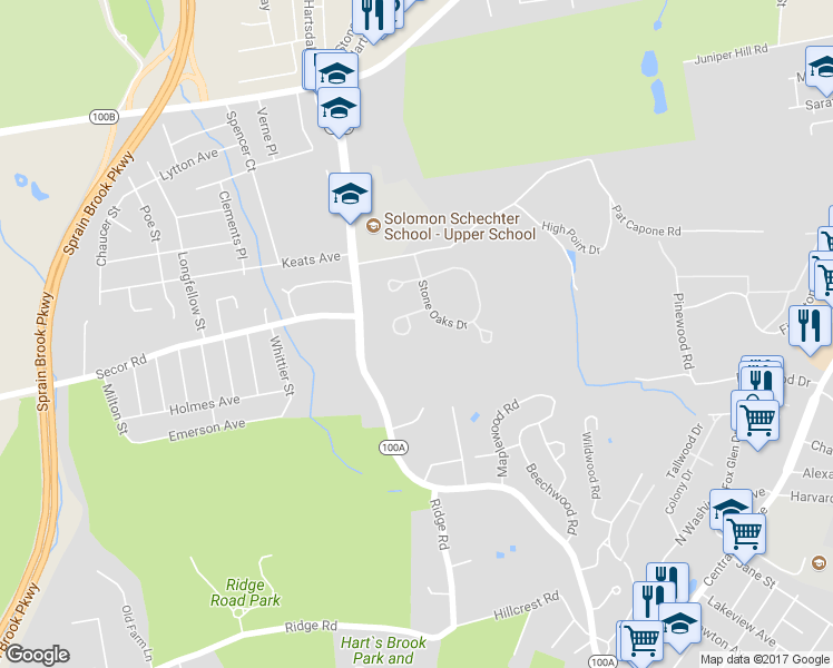 map of restaurants, bars, coffee shops, grocery stores, and more near 102 Stone Oaks Drive in Hartsdale