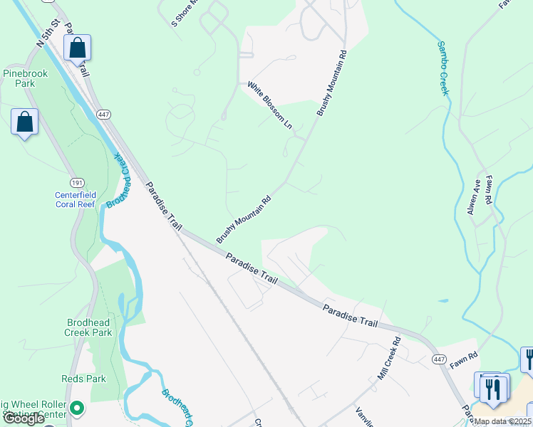map of restaurants, bars, coffee shops, grocery stores, and more near 60 Brushy Mountain Road in East Stroudsburg