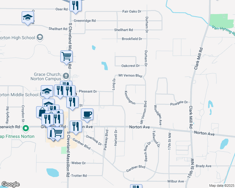 map of restaurants, bars, coffee shops, grocery stores, and more near 3839 Long Drive in Norton