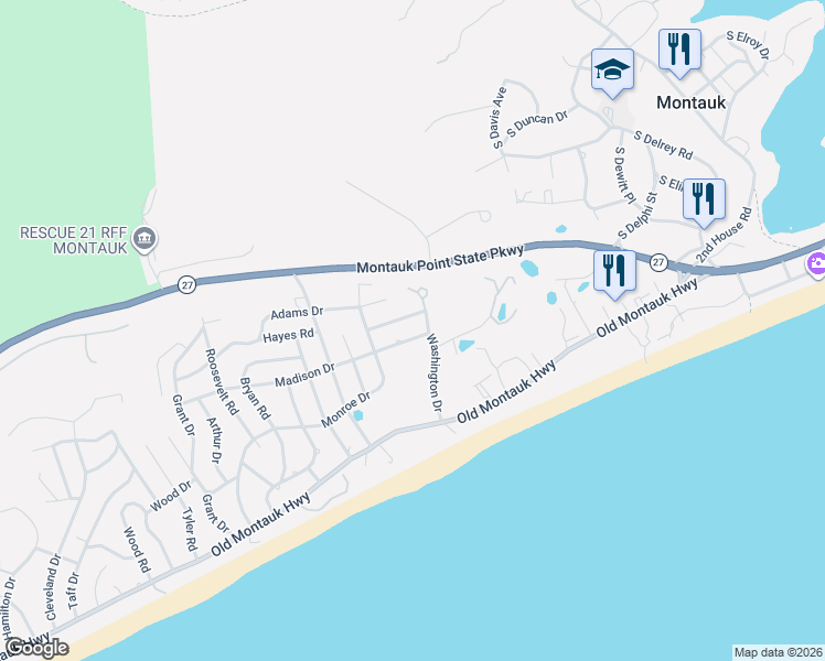 map of restaurants, bars, coffee shops, grocery stores, and more near 14 Jefferson Road in Montauk