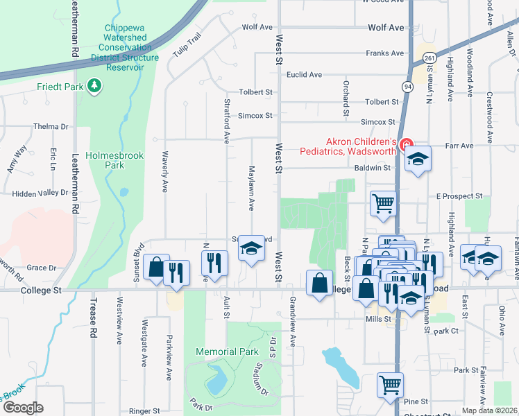 map of restaurants, bars, coffee shops, grocery stores, and more near 235 Maylawn Avenue in Wadsworth