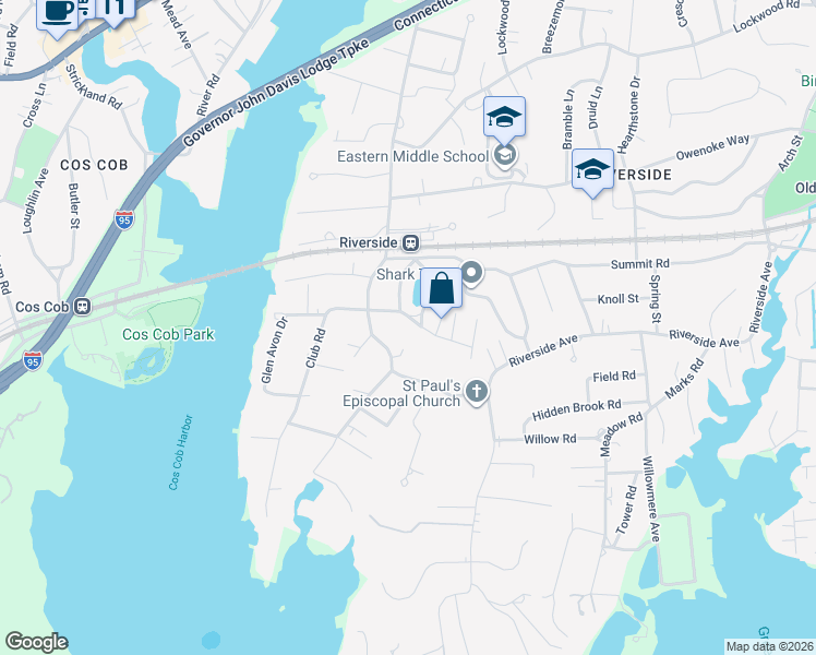 map of restaurants, bars, coffee shops, grocery stores, and more near 22 Lake Drive South in Greenwich
