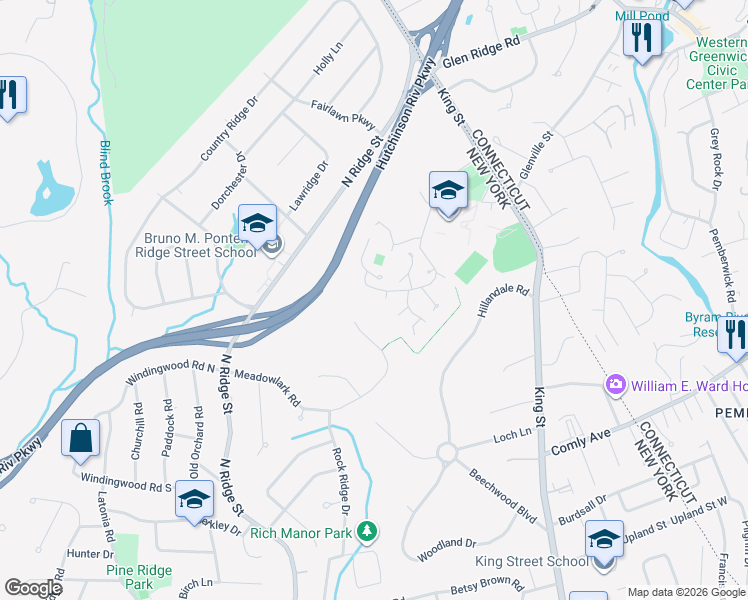 map of restaurants, bars, coffee shops, grocery stores, and more near 101 Brush Hollow Close in Rye Brook