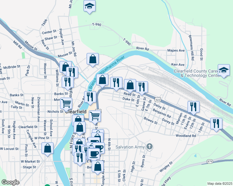 map of restaurants, bars, coffee shops, grocery stores, and more near 404 Daisy Street in Clearfield